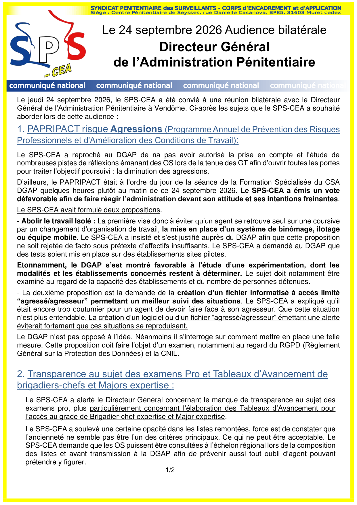 SPS-CEA Bilatérale avec le Directeur Général de l'Administration pénitentiaire