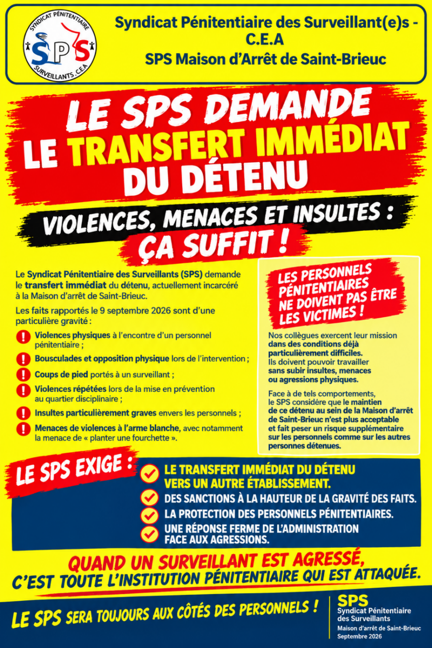 MA Saint-Brieuc : Le SPS demande le transfert immédiat de ce détenu
