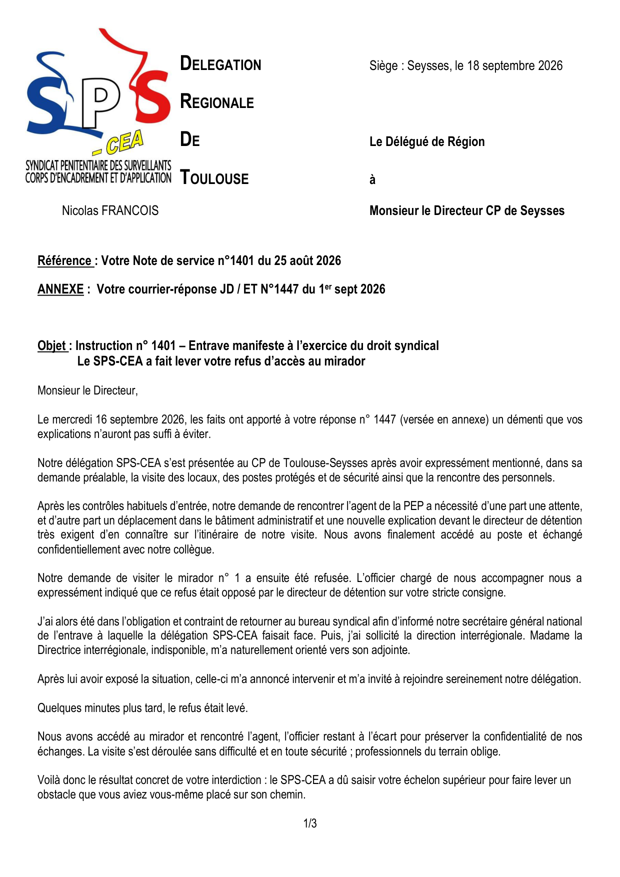 CP de Seysses : Instruction n° 1401 – Entrave manifeste à l’exercice du droit syndical