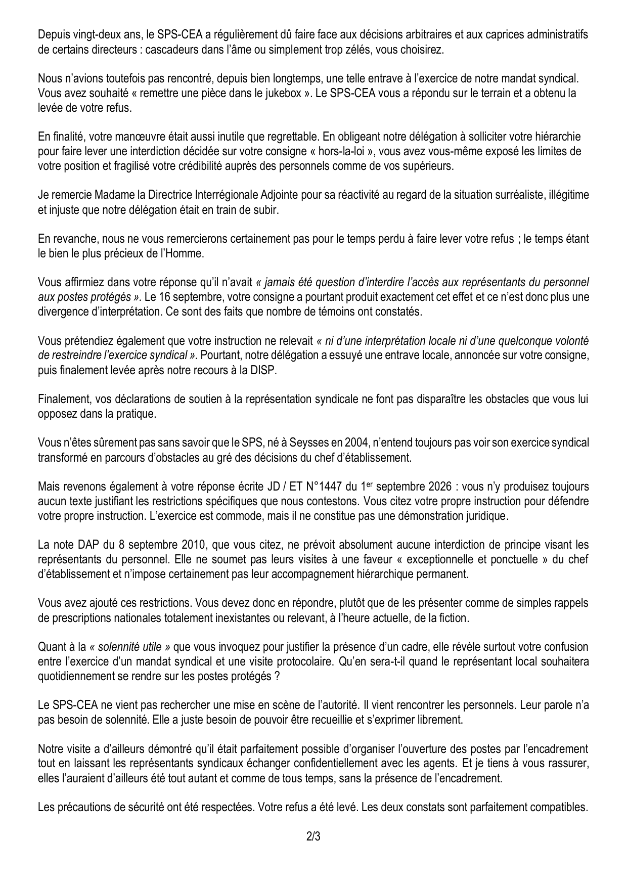 CP de Seysses : Instruction n° 1401 – Entrave manifeste à l’exercice du droit syndical