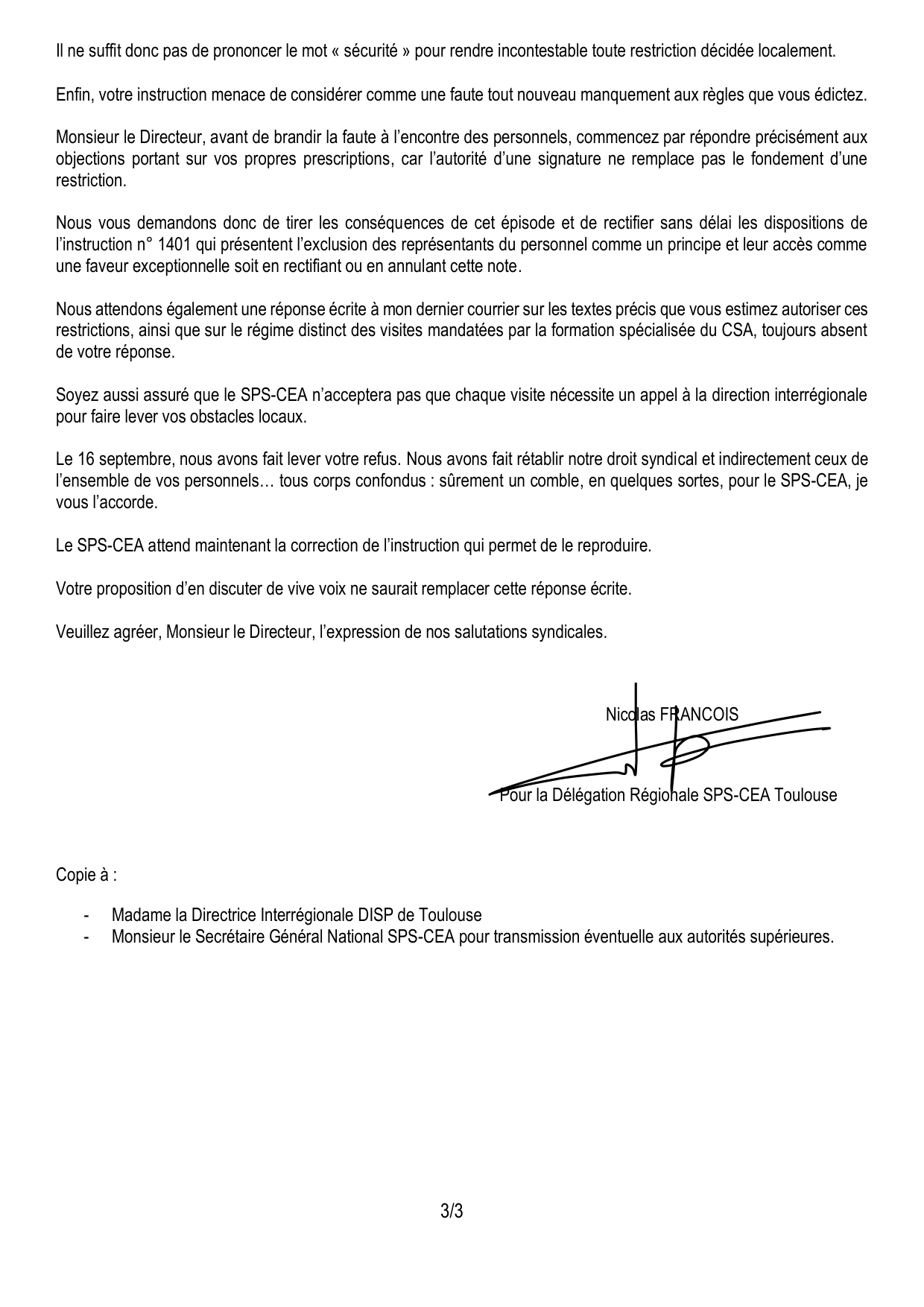CP de Seysses : Instruction n° 1401 – Entrave manifeste à l’exercice du droit syndical