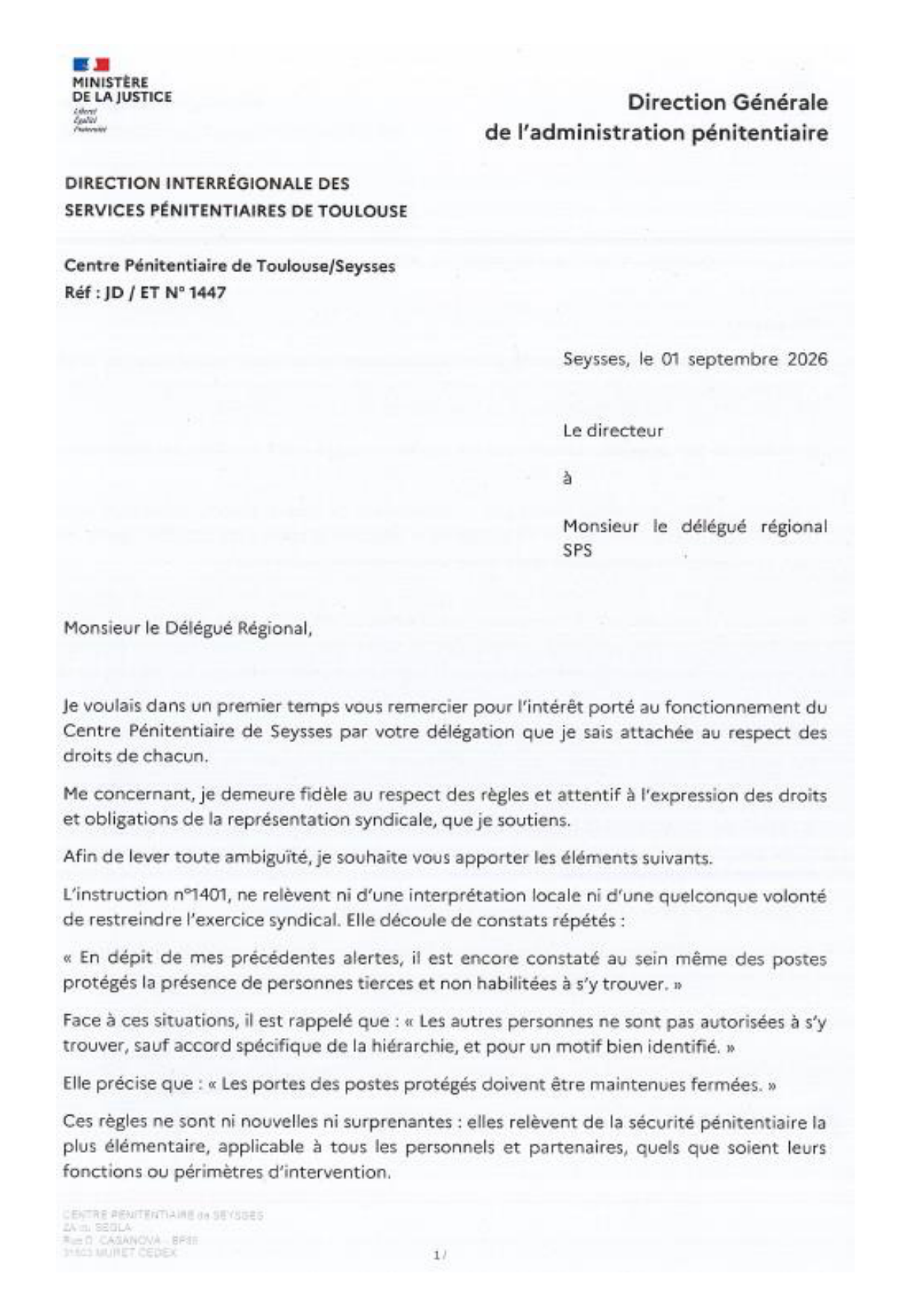 CP de Seysses : Instruction n° 1401 – Entrave manifeste à l’exercice du droit syndical