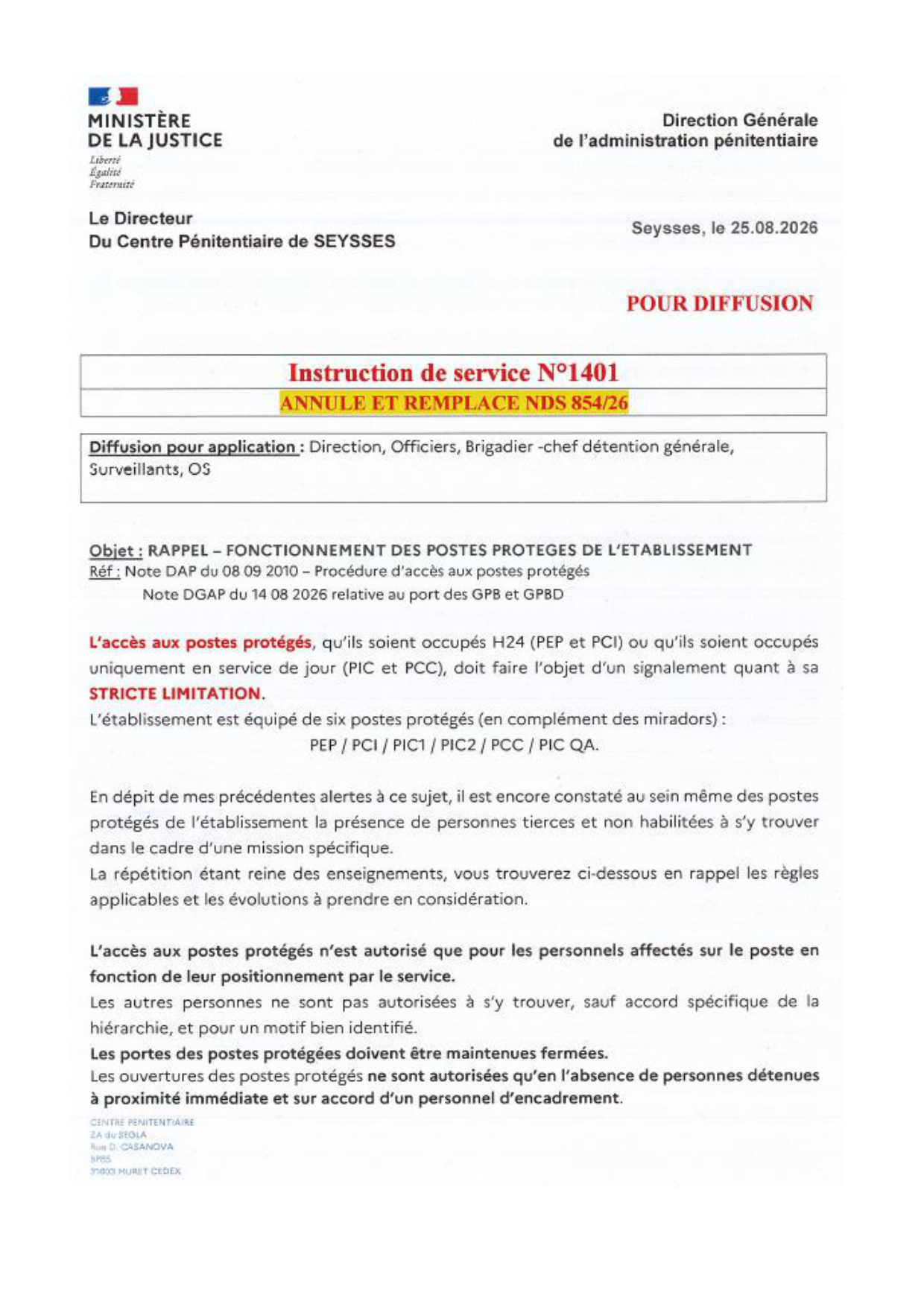CP de Seysses : Instruction n° 1401 – Entrave manifeste à l’exercice du droit syndical