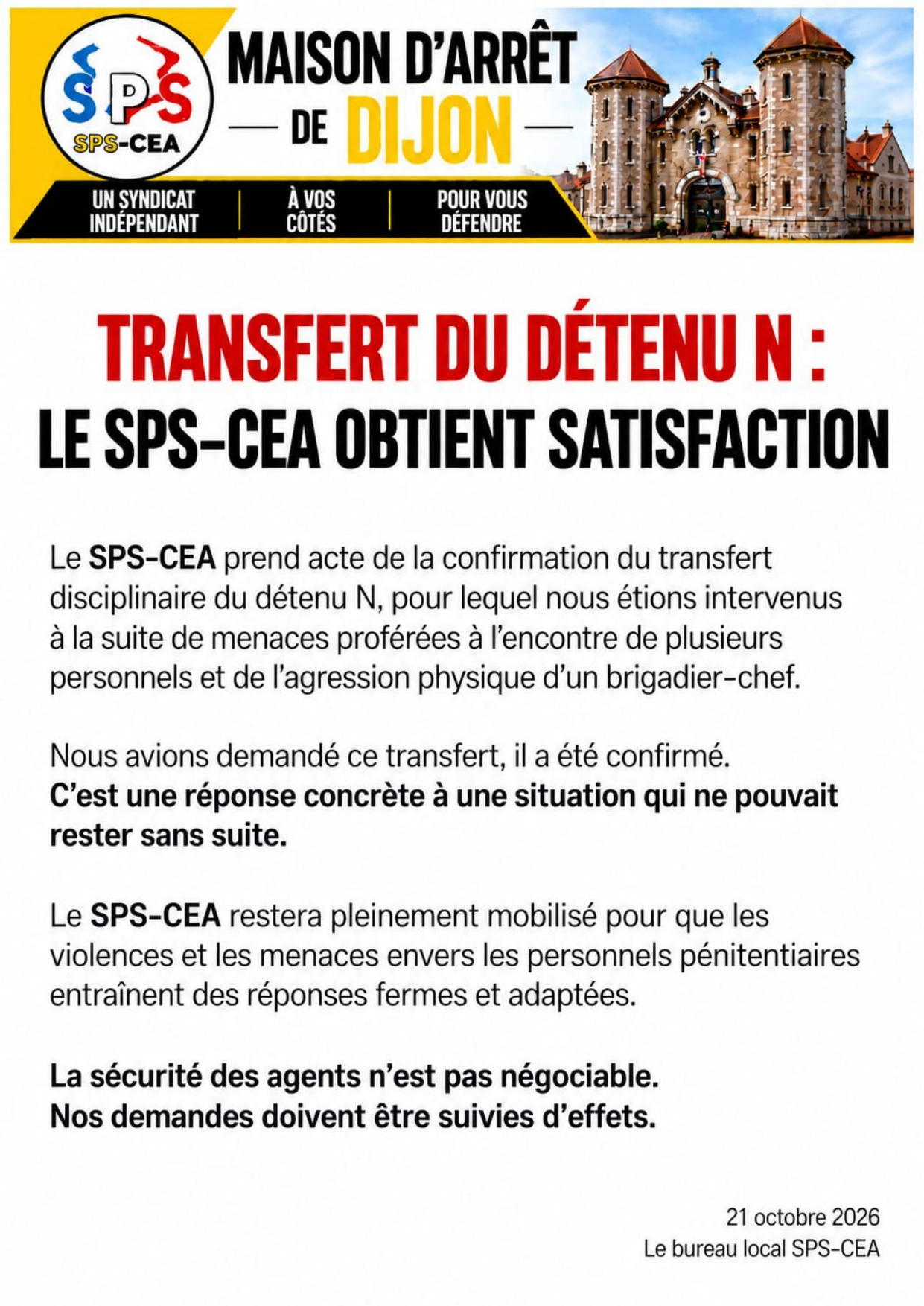 MA Dijon : Transfert du détenu N : le SPS-CEA obtient satisfaction