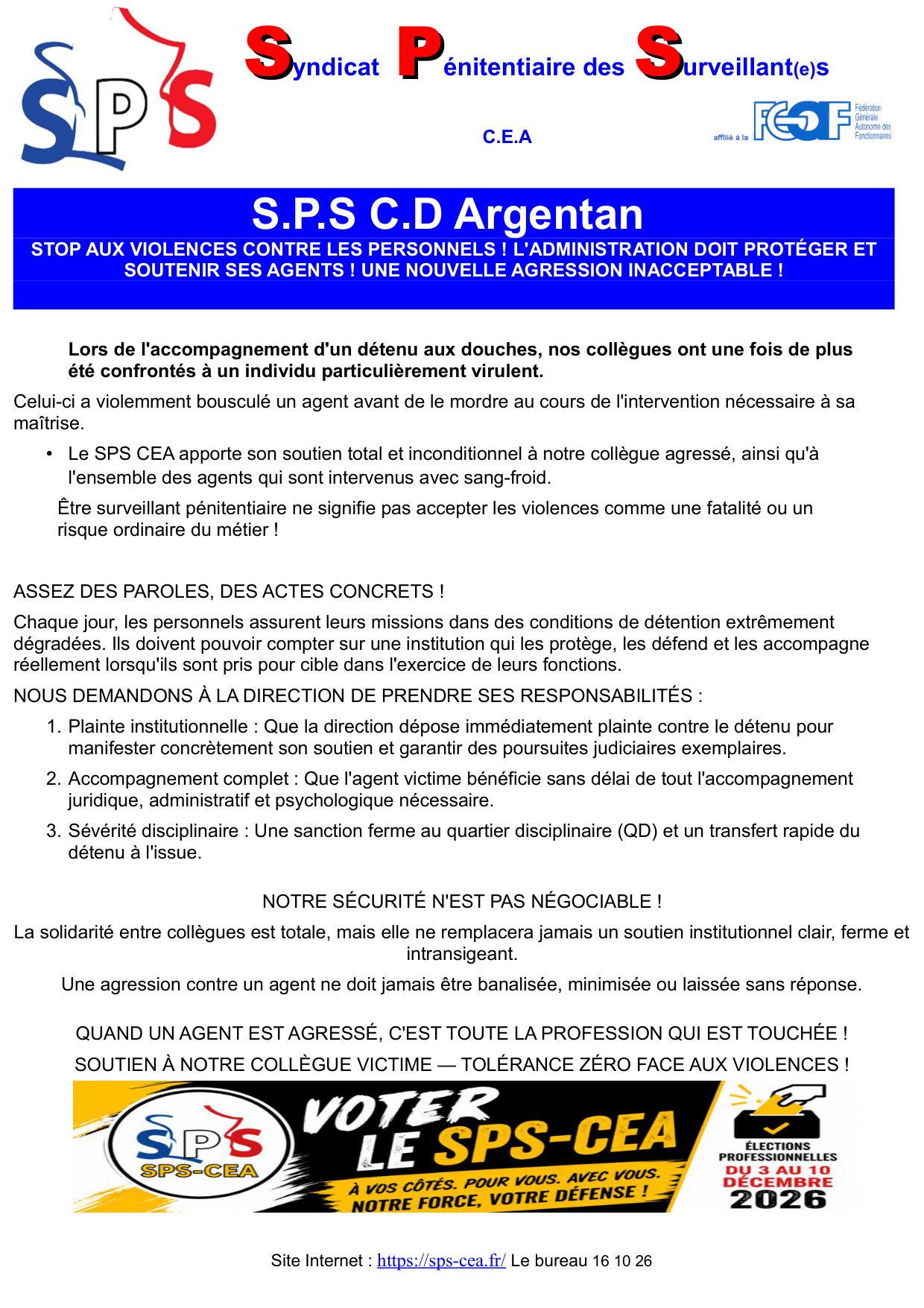 CD d'Argentan : Stop aux violences contre les personnels ! L'administration doit protéger et soutenir ses agents ! Une nouvelle agression inacceptable !
