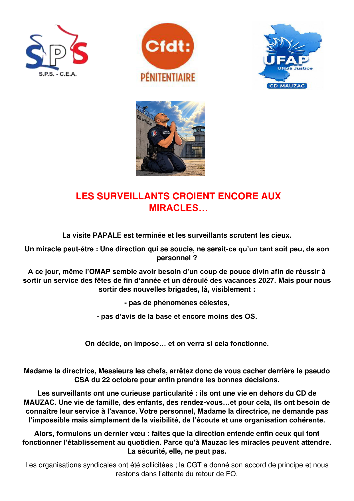 CD de Mauzac : Les surveillants croient encore aux miracles…