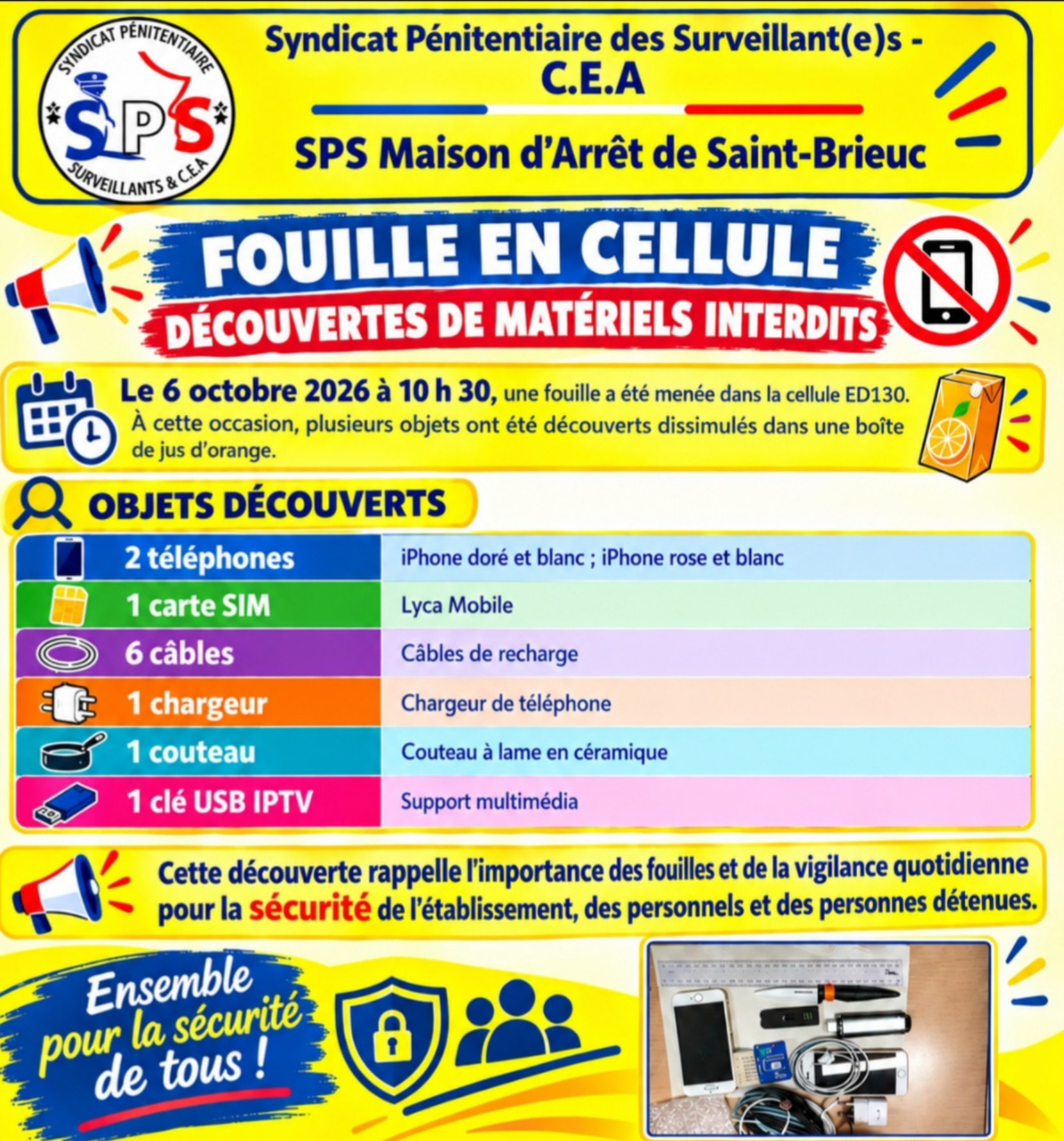 MA Saint-Brieuc : Fouille en cellule Découvertes de matériels interdits