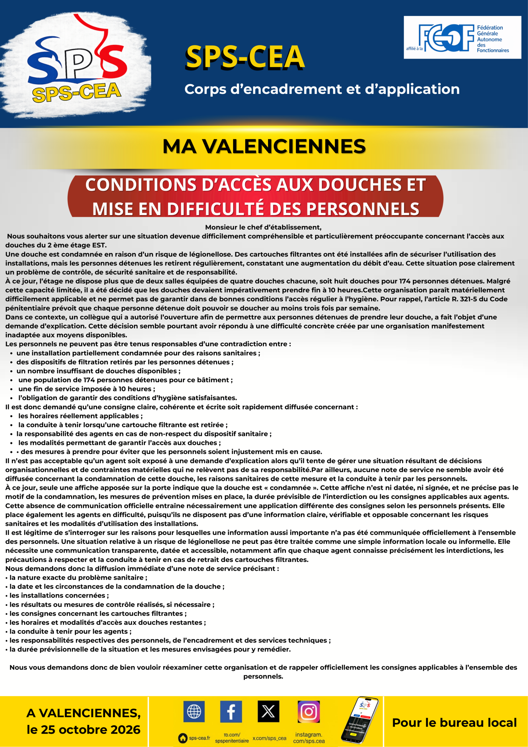 MA Valenciennes : Conditions d’accès aux douches et mise en difficulté des personnels