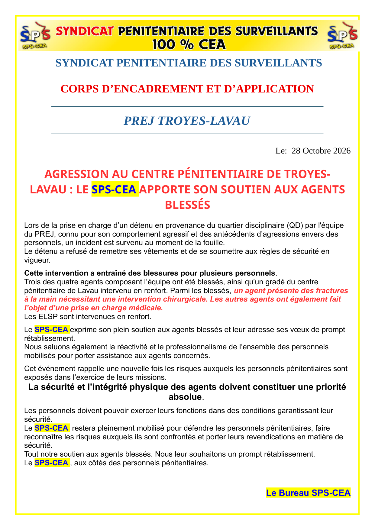 PREJ de Troyes-Lavau : Agression au centre pénitentiaire de Troyes-Lavau : le SPS-CEA apporte son soutien aux agents blessés